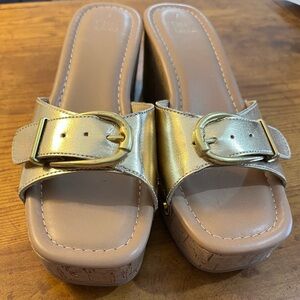 Time and Tru Gold Metallic Buckle Slide Mules